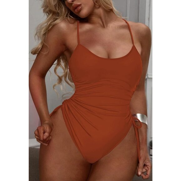 Women's Orange Ruched High Cut One Piece Tummy Control Swimsuit - Picture 6 of 7